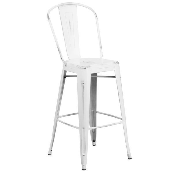 White |#| 30inch High Distressed White Metal Indoor-Outdoor Barstool with Back