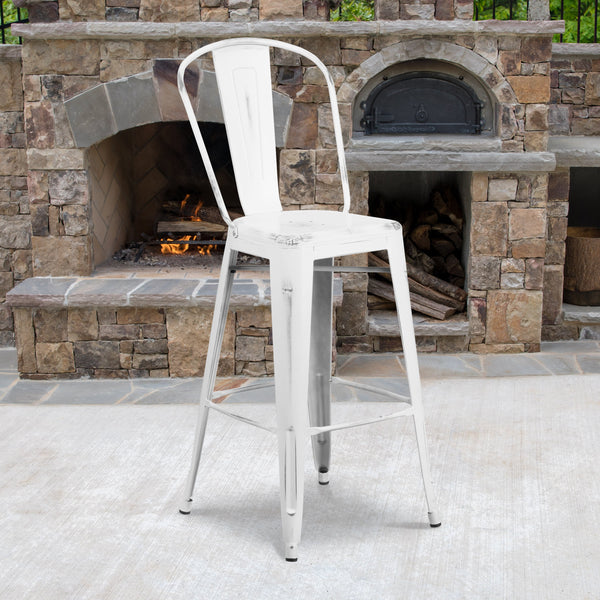 White |#| 30inch High Distressed White Metal Indoor-Outdoor Barstool with Back