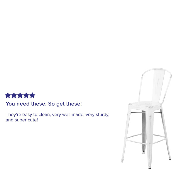 White |#| 30inch High Distressed White Metal Indoor-Outdoor Barstool with Back