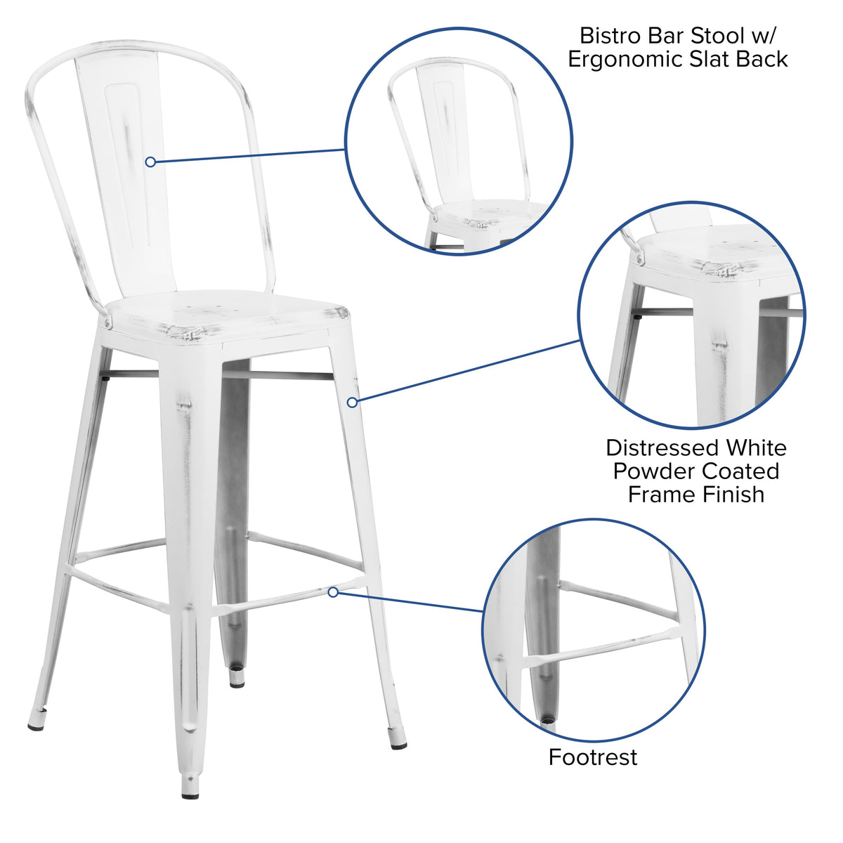 White |#| 30inch High Distressed White Metal Indoor-Outdoor Barstool with Back