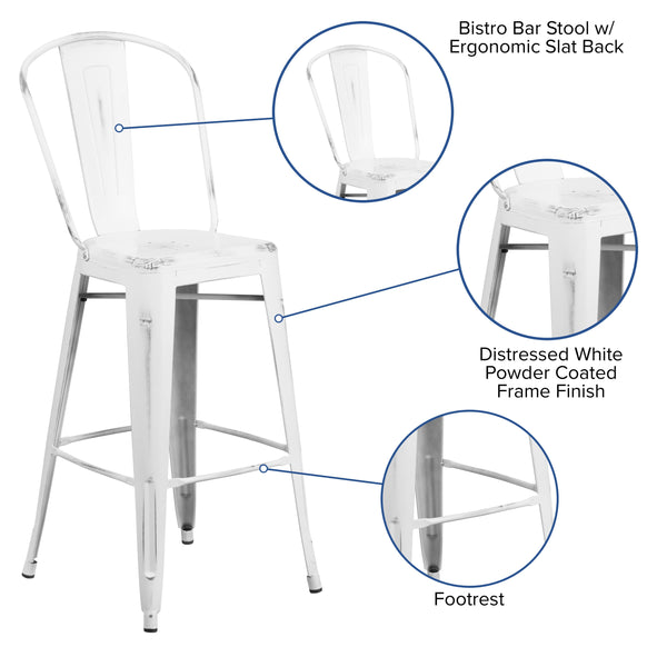 White |#| 30inch High Distressed White Metal Indoor-Outdoor Barstool with Back