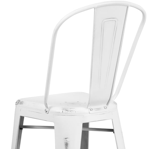 White |#| 30inch High Distressed White Metal Indoor-Outdoor Barstool with Back