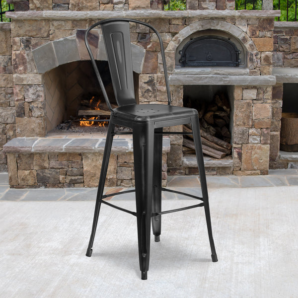 Black |#| 30inch High Distressed Black Metal Indoor-Outdoor Barstool with Back