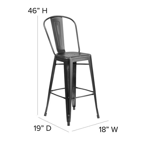 Black |#| 30inch High Distressed Black Metal Indoor-Outdoor Barstool with Back