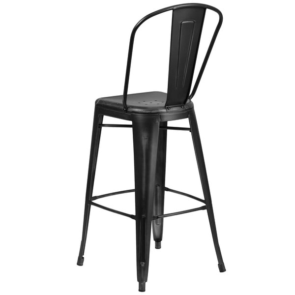 Black |#| 30inch High Distressed Black Metal Indoor-Outdoor Barstool with Back