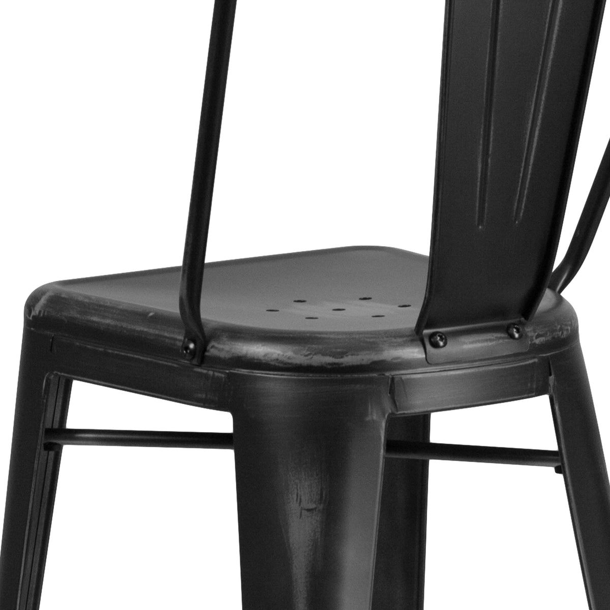 Black |#| 30inch High Distressed Black Metal Indoor-Outdoor Barstool with Back