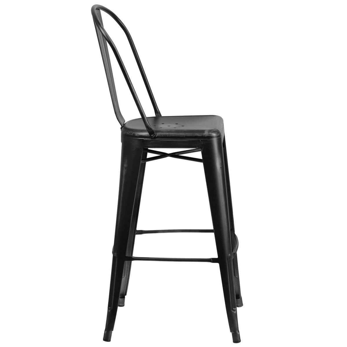 Black |#| 30inch High Distressed Black Metal Indoor-Outdoor Barstool with Back