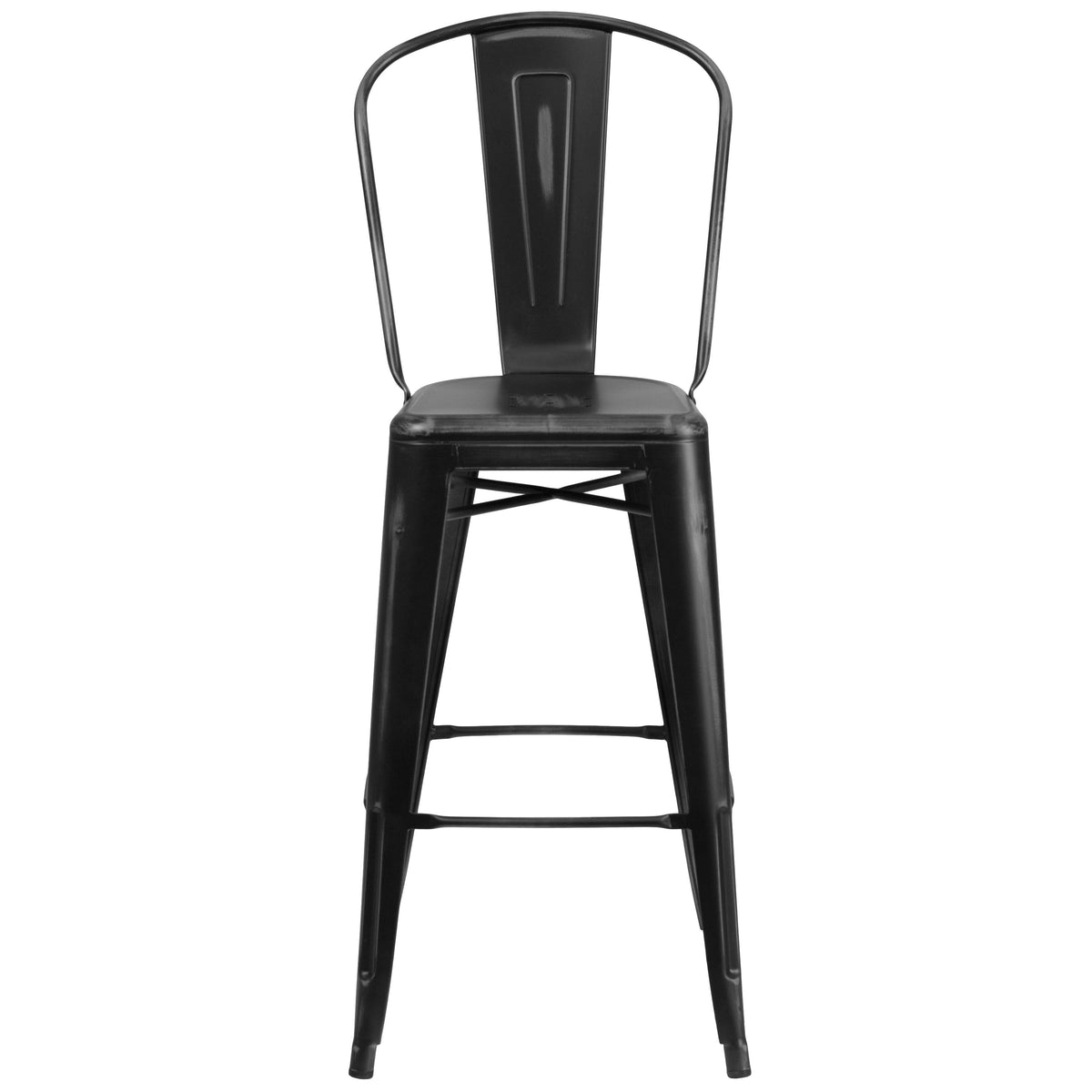 Black |#| 30inch High Distressed Black Metal Indoor-Outdoor Barstool with Back