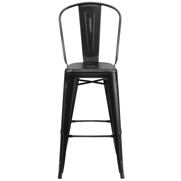 Black |#| 30inch High Distressed Black Metal Indoor-Outdoor Barstool with Back