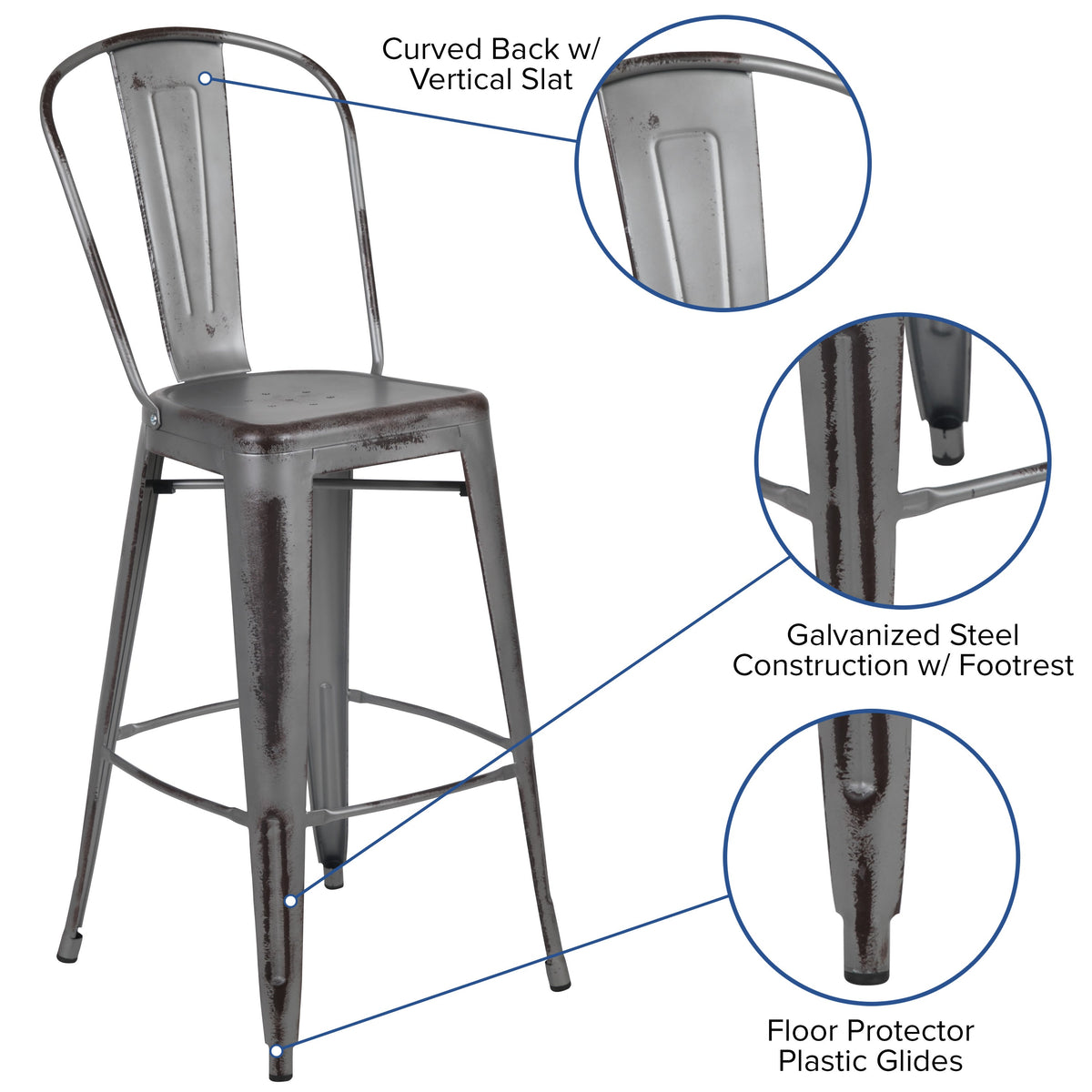 Silver Gray |#| 30inchH Distressed Silver Gray Metal Indoor-Outdoor Dining Barstool with Back