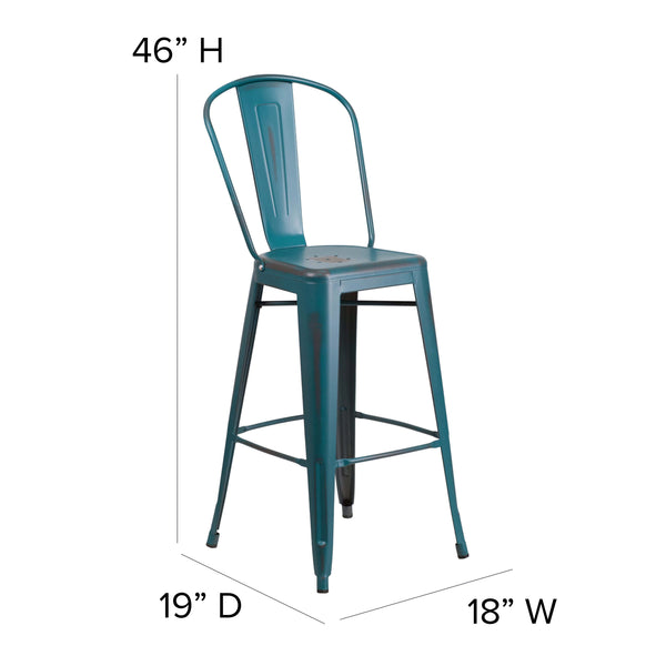 Kelly Blue-Teal |#| 30inch High Distressed Kelly Blue-Teal Metal Indoor-Outdoor Barstool with Back