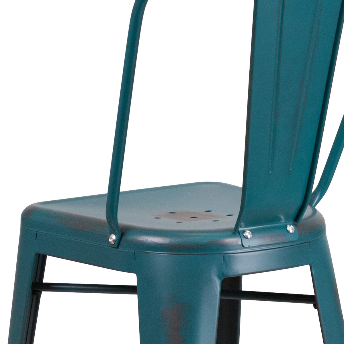 Kelly Blue-Teal |#| 30inch High Distressed Kelly Blue-Teal Metal Indoor-Outdoor Barstool with Back