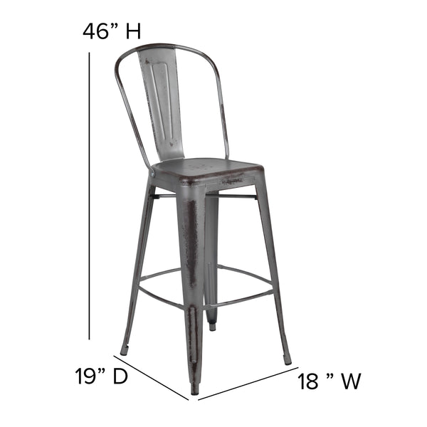 Silver Gray |#| 30inchH Distressed Silver Gray Metal Indoor-Outdoor Dining Barstool with Back