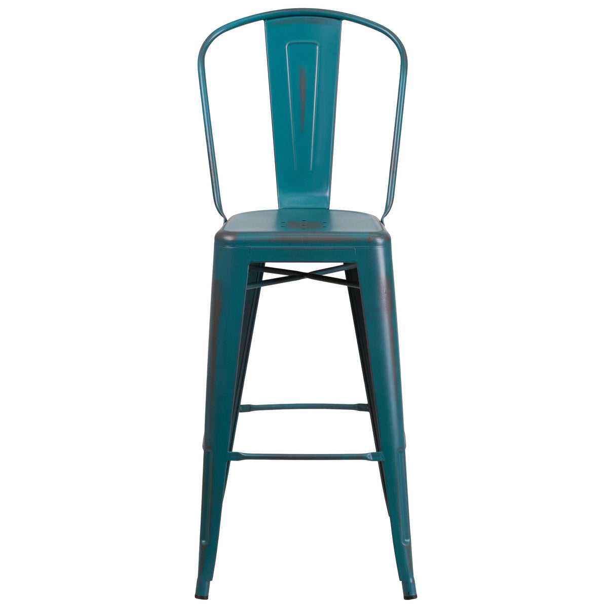 Kelly Blue-Teal |#| 30inch High Distressed Kelly Blue-Teal Metal Indoor-Outdoor Barstool with Back