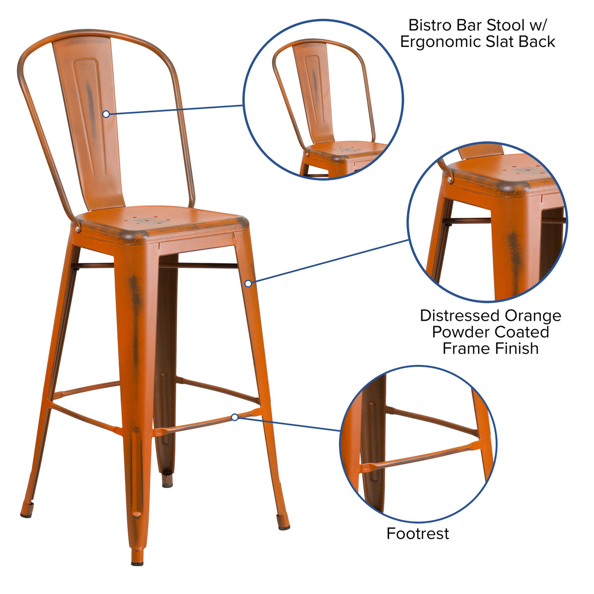 Orange |#| 30inch High Distressed Orange Metal Indoor-Outdoor Barstool with Back