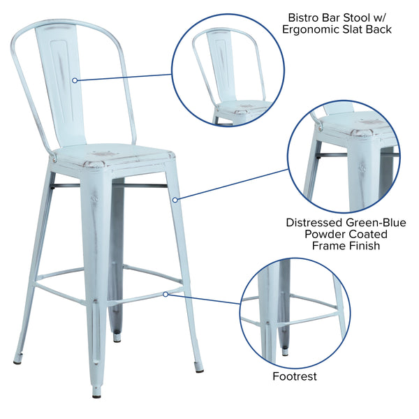 Green-Blue |#| 30inch High Distressed Green-Blue Metal Indoor-Outdoor Barstool with Back