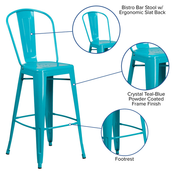 Crystal Teal-Blue |#| 30inch High Crystal Teal-Blue Metal Indoor-Outdoor Barstool with Back