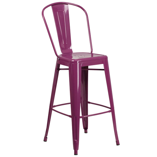 Purple |#| 30inch High Purple Metal Indoor-Outdoor Barstool with Back