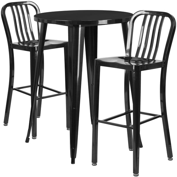 Black |#| 30inch Round Black Metal Indoor-Outdoor Bar Table Set with 2 Slat Back Stools