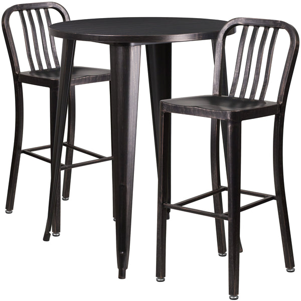 Black-Antique Gold |#| 30inch Round Black-Gold Metal Indoor-Outdoor Bar Table Set with 2 Slat Back Stools