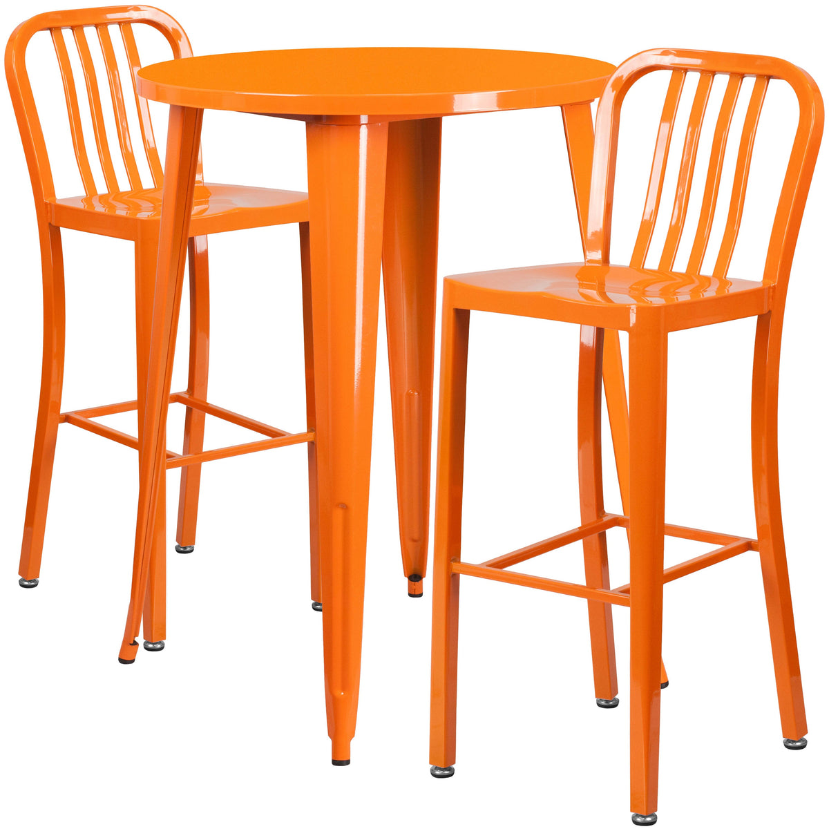 Orange |#| 30inch Round Orange Metal Indoor-Outdoor Bar Table Set with 2 Slat Back Stools