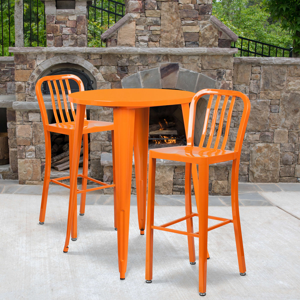 Orange |#| 30inch Round Orange Metal Indoor-Outdoor Bar Table Set with 2 Slat Back Stools