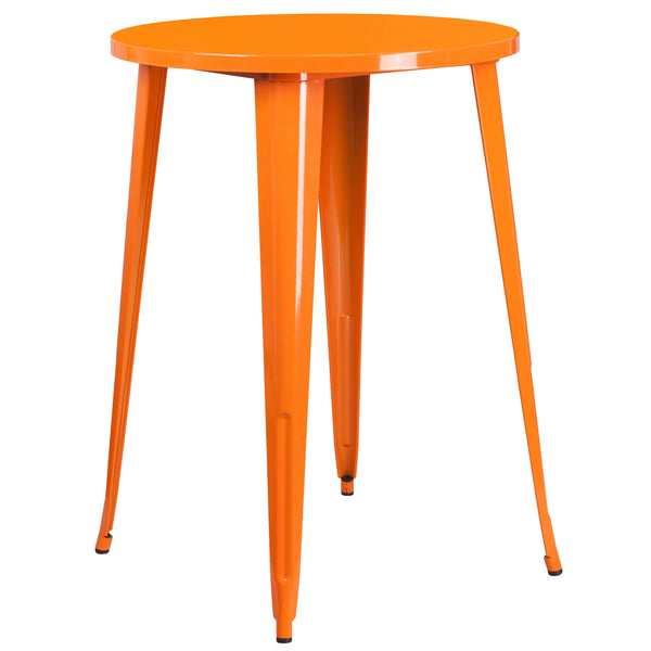 Orange |#| 30inch Round Orange Metal Indoor-Outdoor Bar Table Set with 2 Slat Back Stools