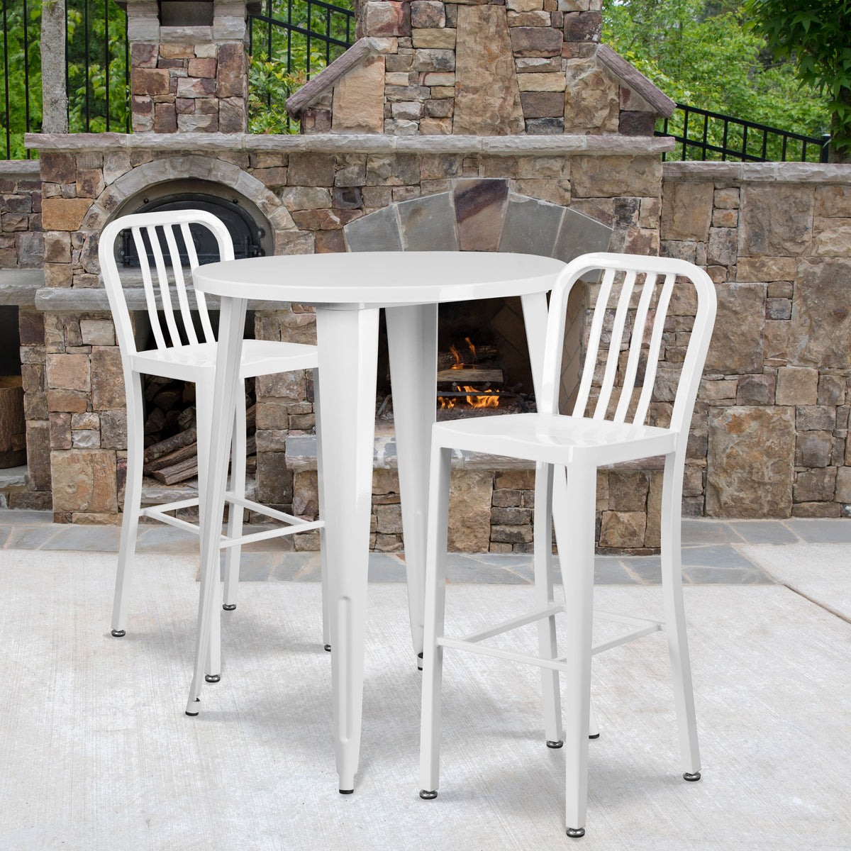 White |#| 30inch Round White Metal Indoor-Outdoor Bar Table Set with 2 Slat Back Stools