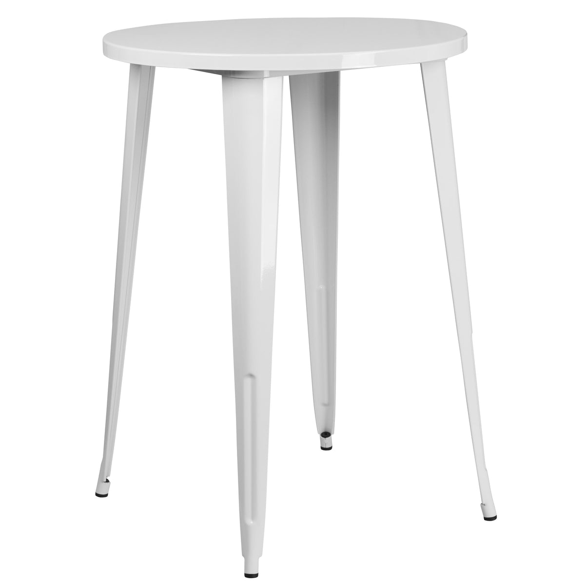 White |#| 30inch Round White Metal Indoor-Outdoor Bar Table Set with 2 Slat Back Stools