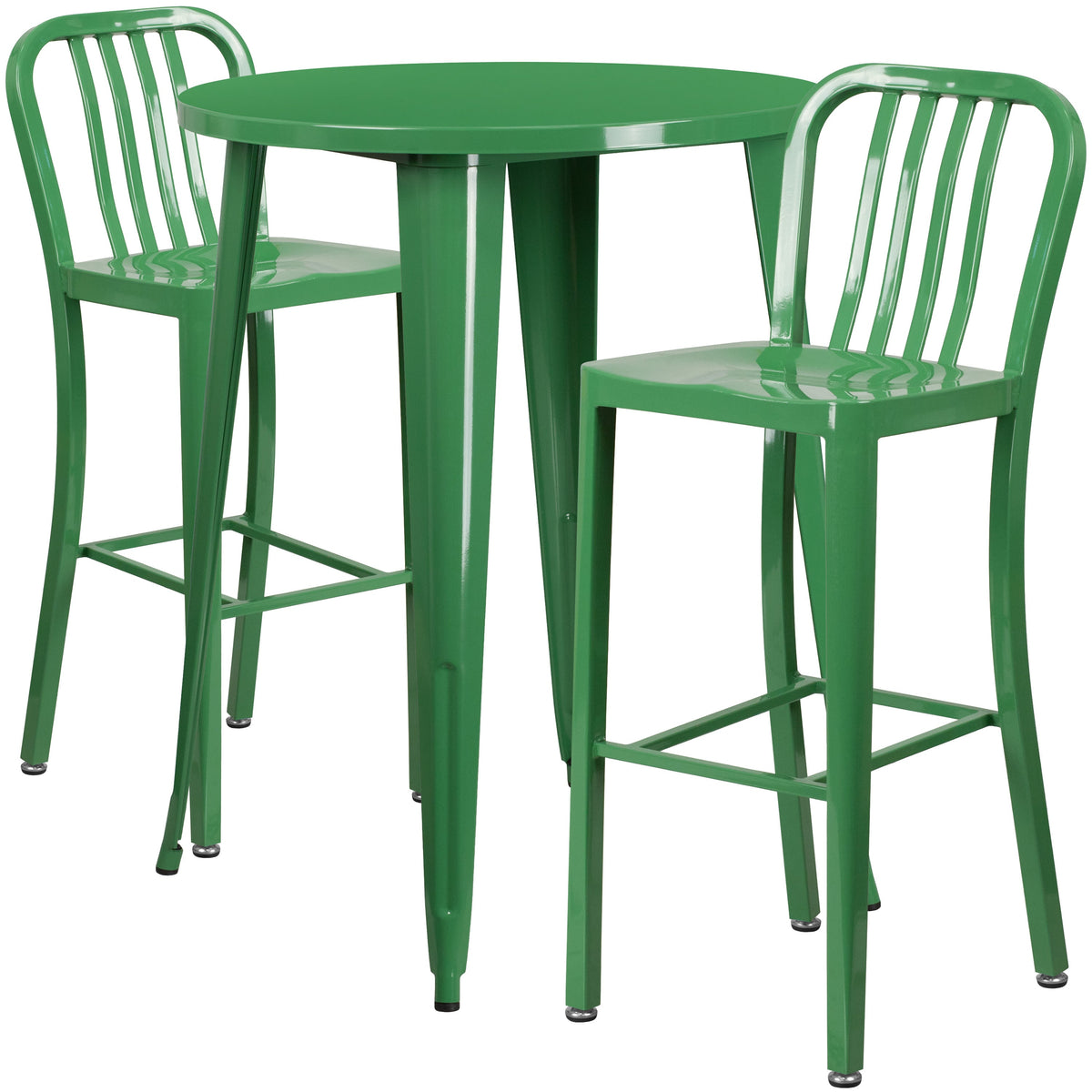 Green |#| 30inch Round Green Metal Indoor-Outdoor Bar Table Set with 2 Slat Back Stools