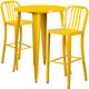 Yellow |#| 30inch Round Yellow Metal Indoor-Outdoor Bar Table Set with 2 Slat Back Stools