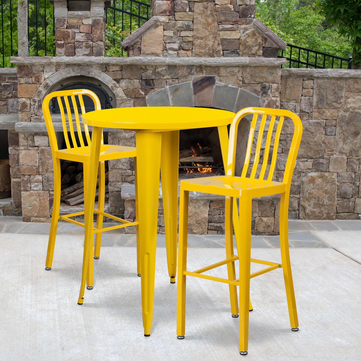 Yellow |#| 30inch Round Yellow Metal Indoor-Outdoor Bar Table Set with 2 Slat Back Stools