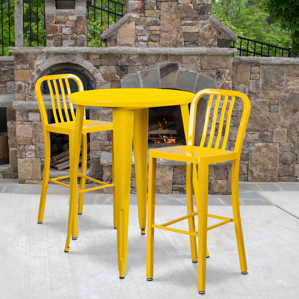 Yellow |#| 30inch Round Yellow Metal Indoor-Outdoor Bar Table Set with 2 Slat Back Stools