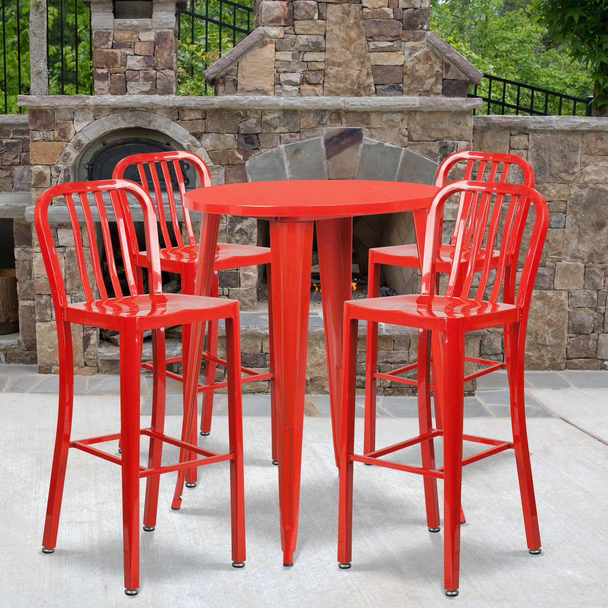 Red |#| 30inch Round Red Metal Indoor-Outdoor Bar Table Set with 4 Slat Back Stools