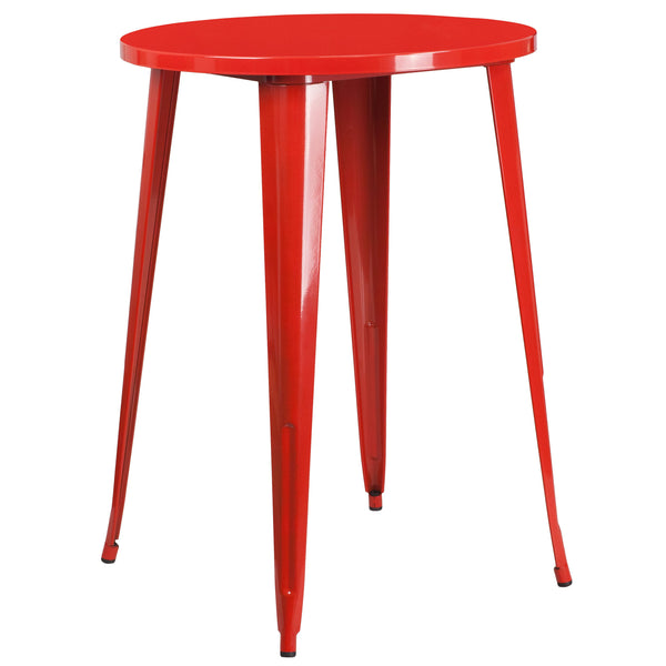 Red |#| 30inch Round Red Metal Indoor-Outdoor Bar Table Set with 4 Slat Back Stools