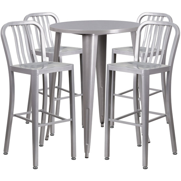 Silver |#| 30inch Round Silver Metal Indoor-Outdoor Bar Table Set with 4 Slat Back Stools