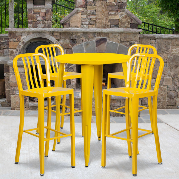 Yellow |#| 30inch Round Yellow Metal Indoor-Outdoor Bar Table Set with 4 Slat Back Stools