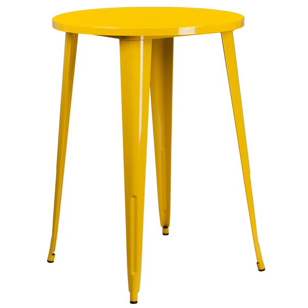 Yellow |#| 30inch Round Yellow Metal Indoor-Outdoor Bar Table Set with 4 Slat Back Stools