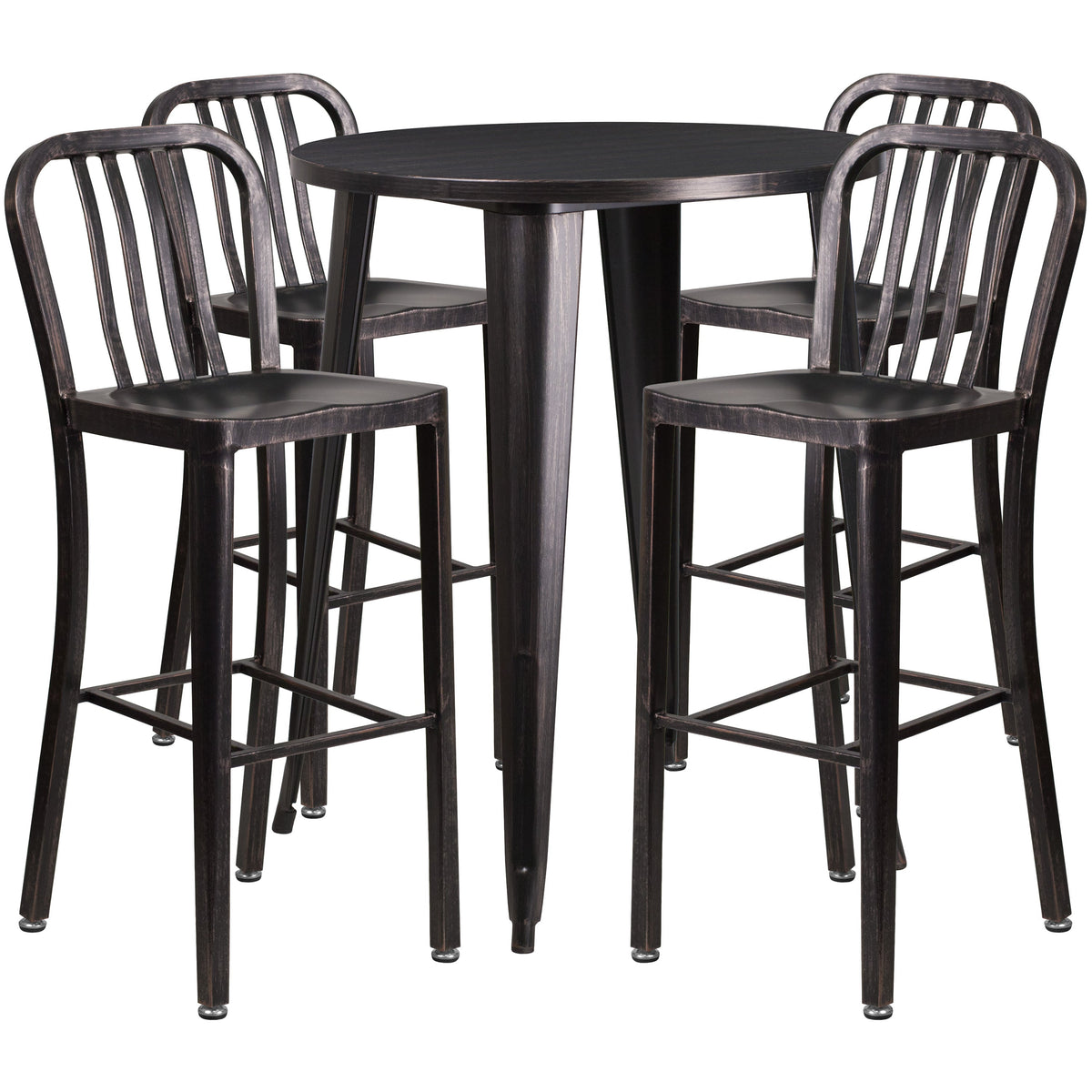 Black-Antique Gold |#| 30inch Round Black-Gold Metal Indoor-Outdoor Bar Table Set with 4 Slat Back Stools