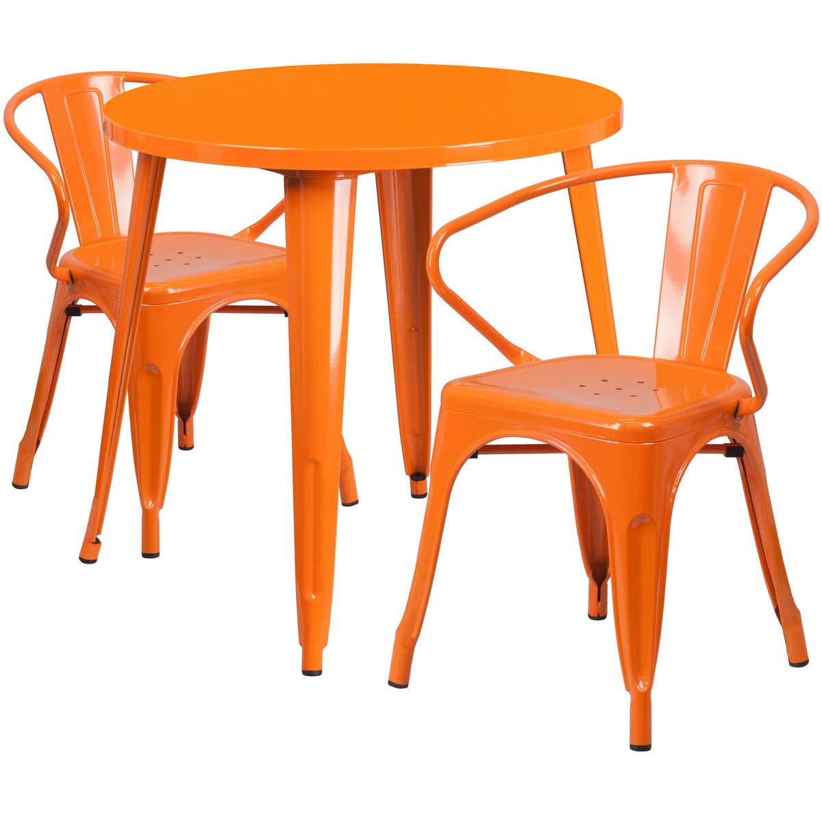 Orange |#| 30inch Round Orange Metal Indoor-Outdoor Table Set with 2 Arm Chairs