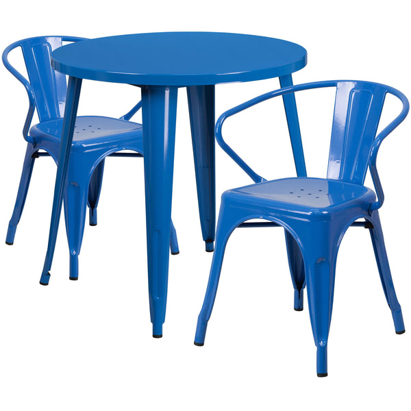 Blue |#| 30inch Round Blue Metal Indoor-Outdoor Table Set with 2 Arm Chairs