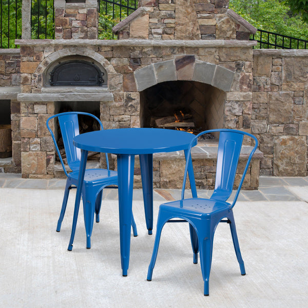 Blue |#| 30inch Round Blue Metal Indoor-Outdoor Table Set with 2 Cafe Chairs