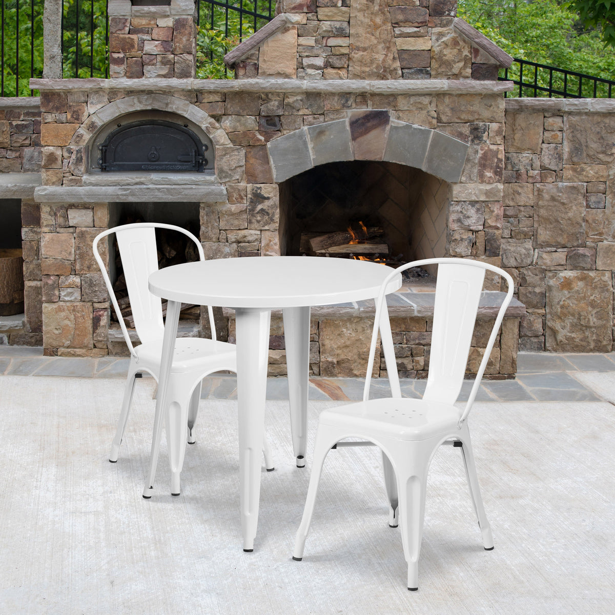 White |#| 30inch Round White Metal Indoor-Outdoor Table Set with 2 Cafe Chairs