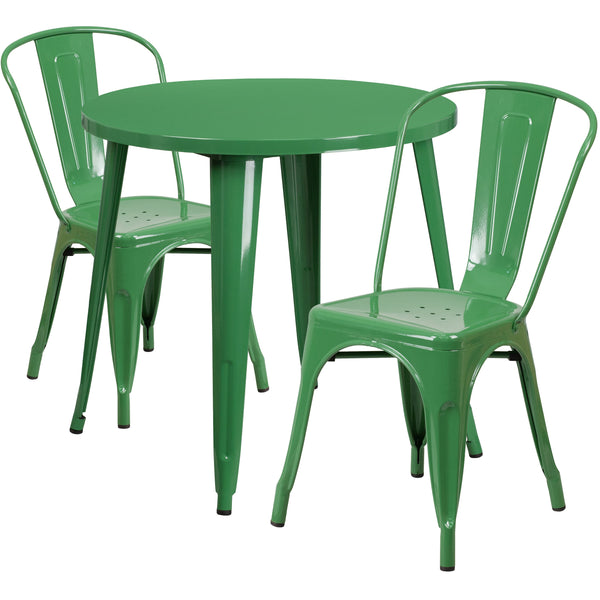 Green |#| 30inch Round Green Metal Indoor-Outdoor Table Set with 2 Cafe Chairs