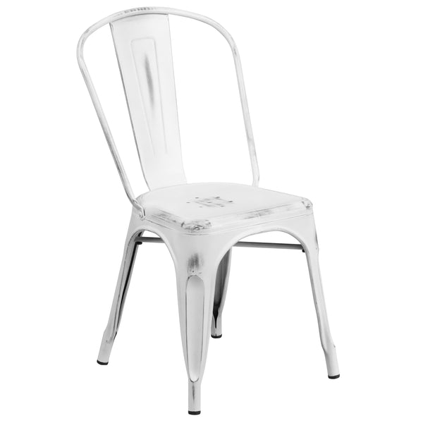 White |#| Distressed White Metal Indoor-Outdoor Stackable Chair - Kitchen Furniture