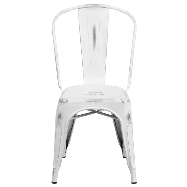 White |#| Distressed White Metal Indoor-Outdoor Stackable Chair - Kitchen Furniture