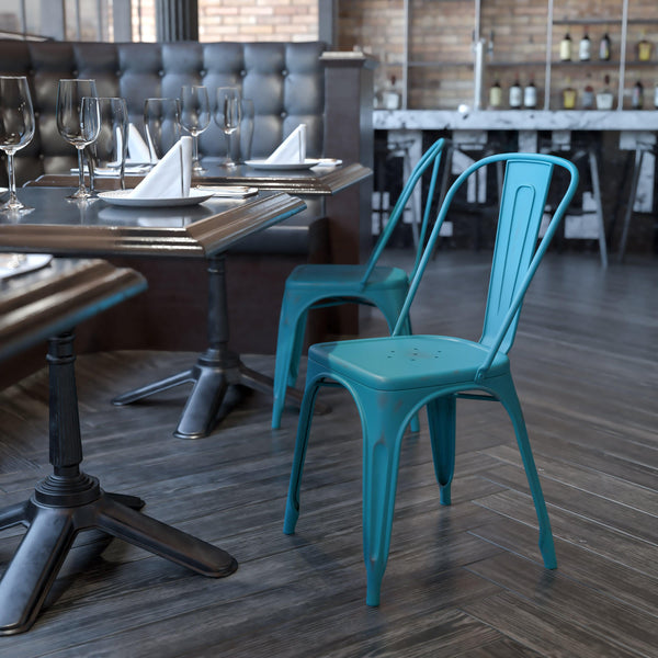 Kelly Blue-Teal |#| Distressed Blue-Teal Metal Indoor-Outdoor Stackable Chair - Kitchen Furniture