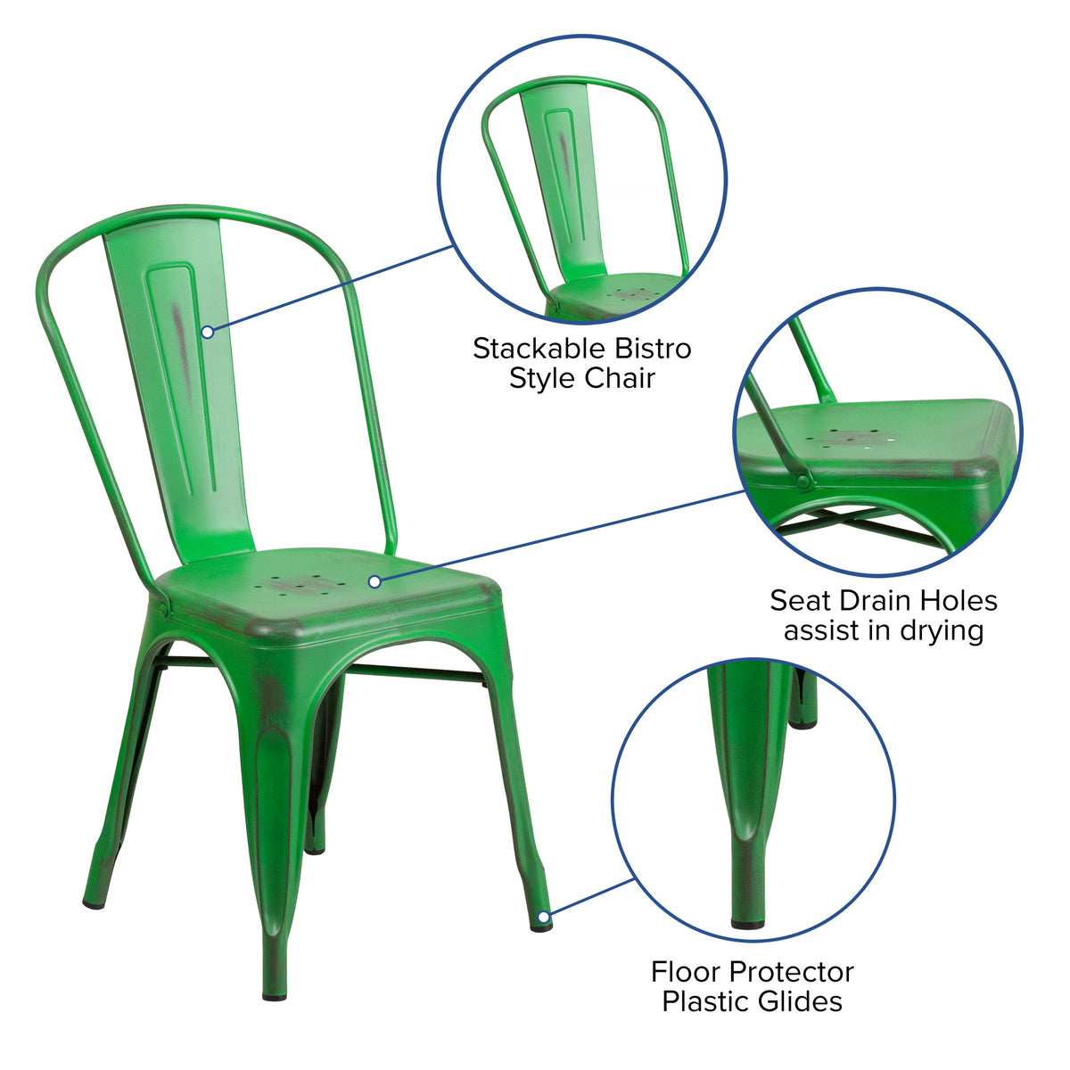 Green |#| Distressed Green Metal Indoor-Outdoor Stackable Chair - Kitchen Furniture