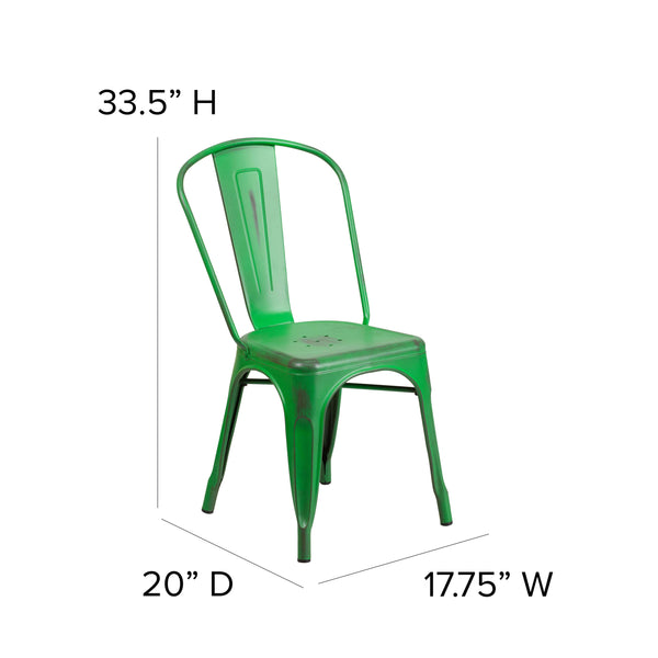 Green |#| Distressed Green Metal Indoor-Outdoor Stackable Chair - Kitchen Furniture