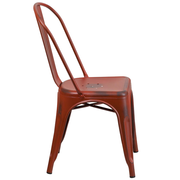 Kelly Red |#| Distressed Kelly Red Metal Indoor-Outdoor Stackable Chair - Kitchen Furniture